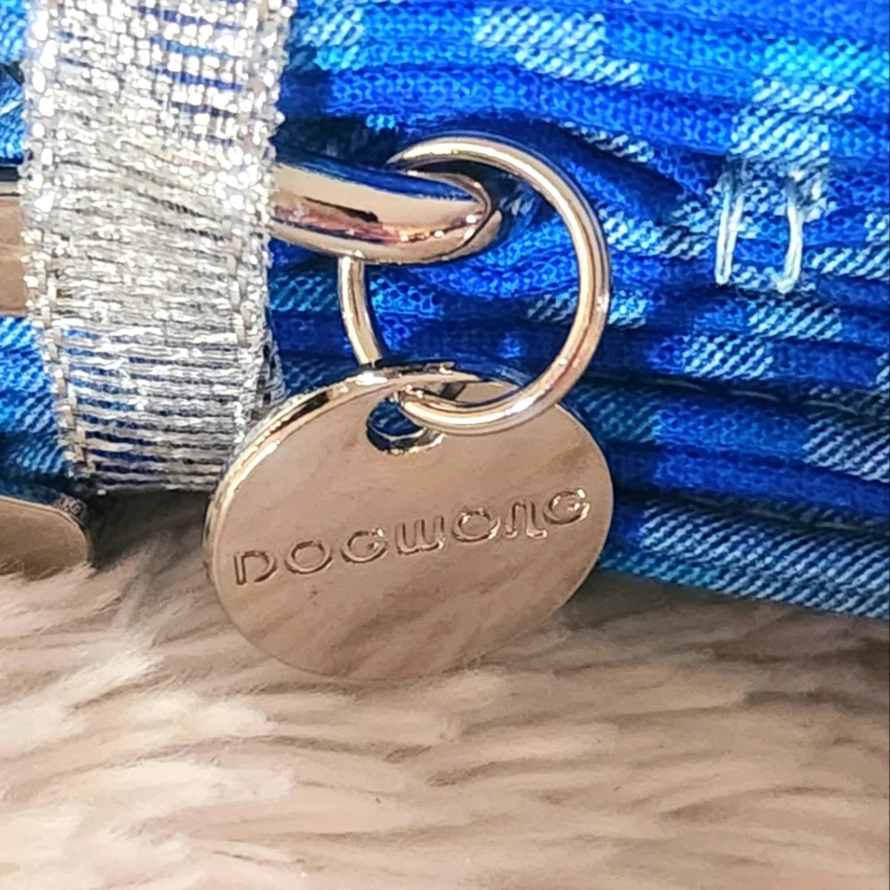 DOGWONG Blue Plaid Cotton Collar and Bow